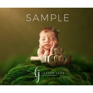 Puede incluir: Un bebé recién nacido con una diadema con una hoja verde, durmiendo en una cama de hierba verde con una corona dorada. La imagen está etiquetada como "SAMPLE" y "LAUREE JANE PHOTOGRAPHY, LLC".