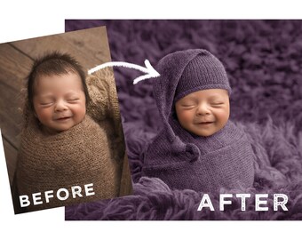 Newborn digital backdrop background flokati sleepy cap potato sack lilac purple bokeh transparent png pop unique composite download fun girl