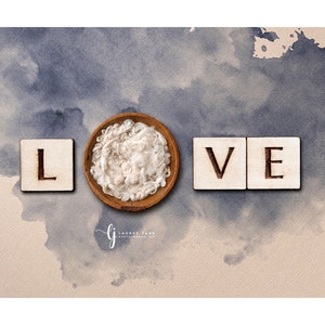 Newborn digital background love word letter Valentine&#39;s Day watercolor vintage wood navy blue rustic bowl heart overhead backdrop boy girl
