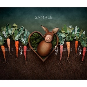 Newborn digital backdrop bunny rabbit garden carrot heart bowl Easter unique transparent png pop background composite download girl boy