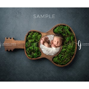 Guitar newborn digital backdrop moss rustic music musician fluff overhead earthy wood unique background composite instant download girl boy