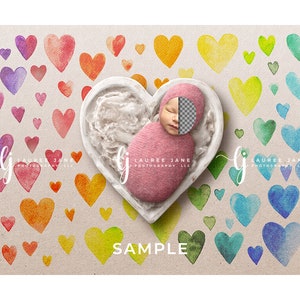 Newborn digital background valentine rainbow heart bowl art love pink rustic unique watercolor face wrap png pop backdrop composite boy girl
