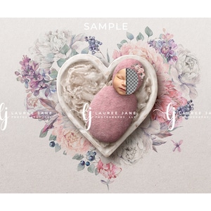 Newborn digital background floral flower valentine heart bowl wrapped unique watercolor png pop love digital backdrop composite png girl