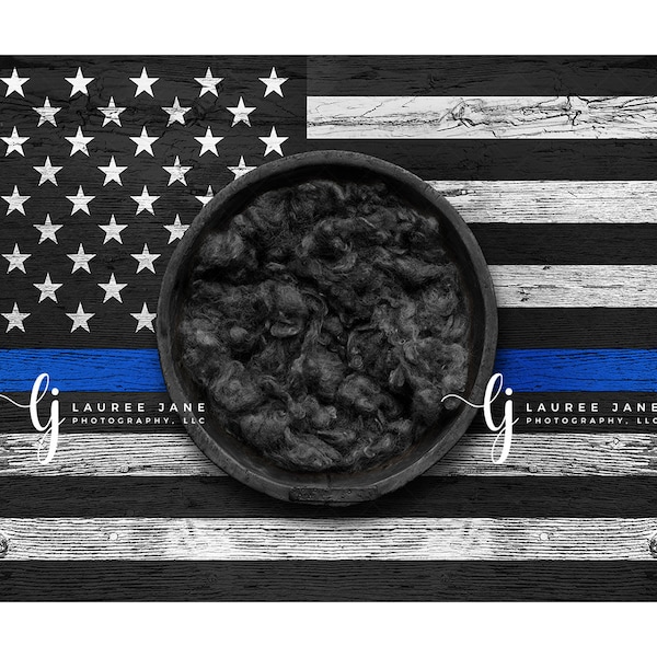 Thin blue line newborn digital background police blue wood bowl fluff USA America American patriotic cop flag backdrop composite boy girl
