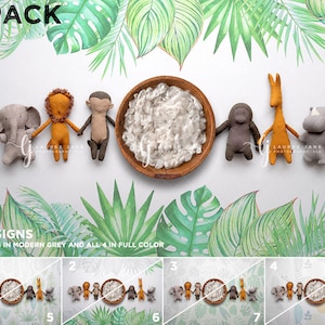 May include: A set of eight digital backgrounds featuring a jungle theme with a bowl, stuffed animals, and leafy green foliage. The text "8 PACK" and "4 DESIGNS" is visible at the top of the image. The text "GET ALL 4 IN MODERN GREY AND ALL 4 IN FULL COLOR" is visible below the text "4 DESIGNS".