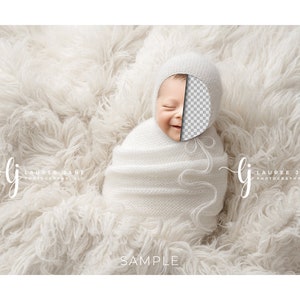 Newborn digital backdrop background flokati wrapped sack white cream snow bonnet cute transparent png pop unique composite download boy girl
