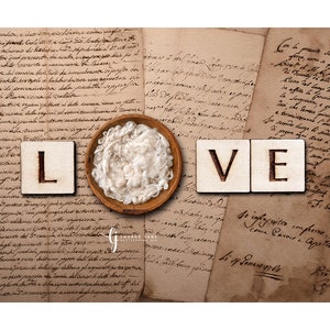 Newborn digital background love word letter Valentine&#39;s Day poem book written cute vintage wood rustic bowl heart overhead backdrop boy girl