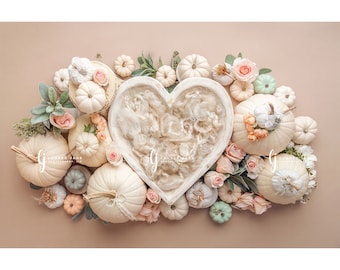 Newborn digital backdrop pumpkins pumpkin pink heart bowl rose floral mint fall autumn lace background composite  instant download  girl