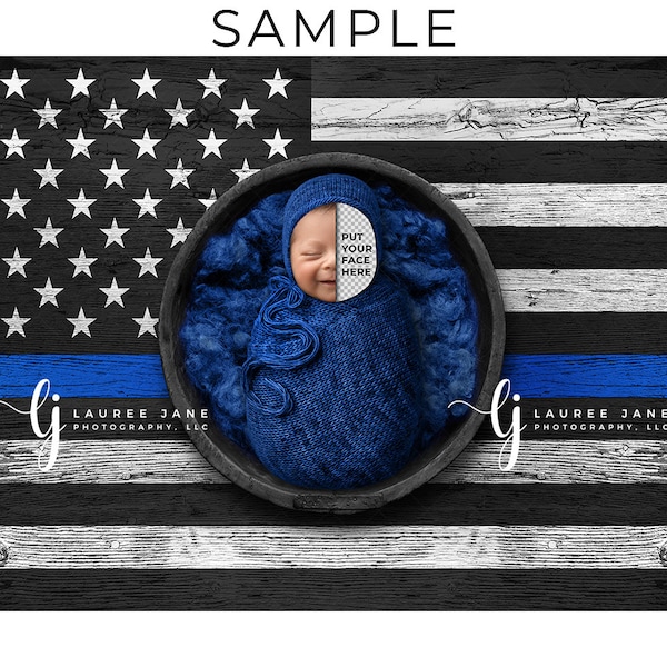 Thin blue line newborn digital backdrop background wrap police blue USA America patriotic bonnet bowl poppet composite download girl boy