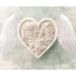 Newborn digital background wood heart bowl white fluff love wings clouds angel airy sky heaven loss backdrop composite download boy girl