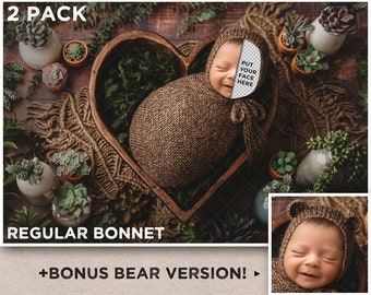 2-pack bear newborn digital backdrop rustic shabby chic succulent plant macrame wrapped unique heart bowl png background composite boy girl