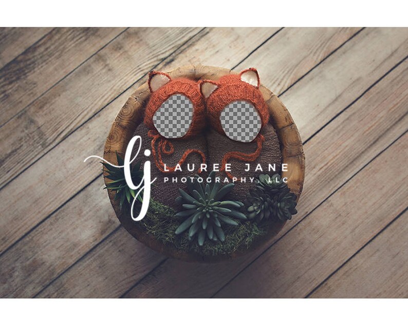 May include: A wooden bowl filled with greenery and two orange knitted baby booties with a white background. The text "LAUREE JANE PHOTOGRAPHY, LLC" is printed below the booties.