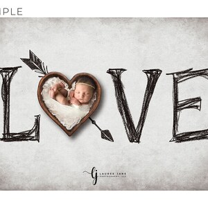 Newborn digital background love word letter cupid arrow drawn bowl heart Valentine&#39;s Day artsy sketch artist overhead backdrop boy girl