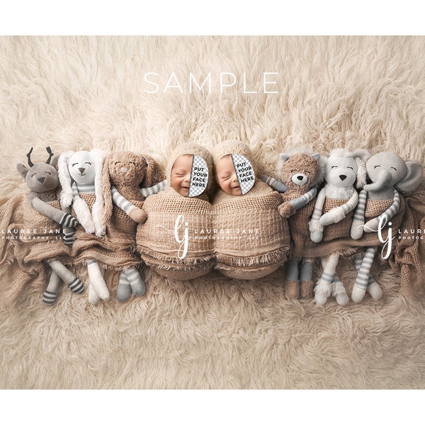 Twin newborn digital backdrop elephant teddy bear bunny rabbit dog stuffed animal head swap wrap fluff flokati cute background png girl boy