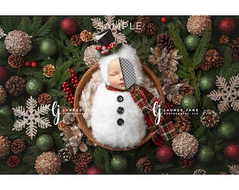 Snowman newborn digital backdrop Santa winter christmas holiday snow holly gold bowl overhead pop png overlay background composite girl boy