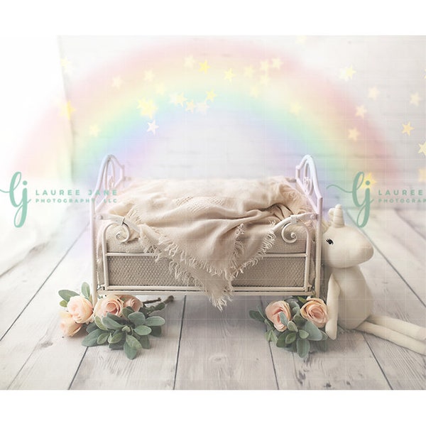 Newborn digital backdrop, rainbow, unicorn, white, flowers, doll, bed, girl, newborn digital background, newborn composite, instant download