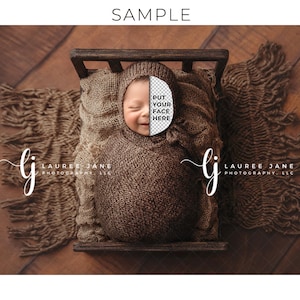 May include: A newborn baby wrapped in a brown blanket is lying in a wooden crib. The baby's face is obscured by a white circle with the text "Put your face here". The crib is on a wooden floor with a brown rug.