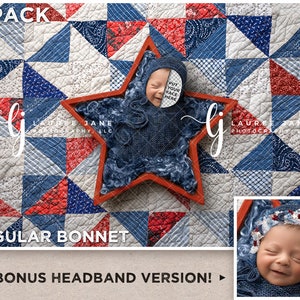 May include: Two pack of digital newborn photography props featuring a red star-shaped basket with a blue knitted blanket inside. The basket is on a red, white, and blue patchwork quilt. The text "2 PACK", "REGULAR BONNET", and "+ BONUS HEADBAND VERSION!" is visible.
