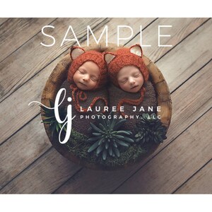 May include: Two infants wearing orange fox hats are lying in a wooden bowl filled with green plants. The bowl is on a wooden surface. The text "SAMPLE LAUREE JANE PHOTOGRAPHY LLC" is visible above the bowl.
