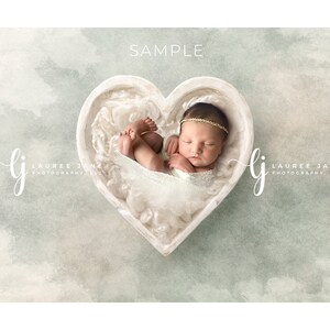 May include: A newborn baby sleeping in a white heart-shaped bowl, wearing a white swaddle and a gold headband. The background is a light green and white watercolor wash.