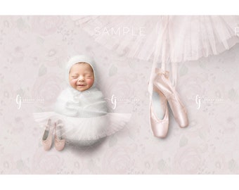 Newborn digital backdrop background wrap princess ballet ballerina dance tutu floral pointe pastel bonnet pink whimsy download png pop girl