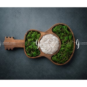 Guitar newborn digital backdrop moss rustic music musician fluff overhead earthy wood unique background composite instant download girl boy