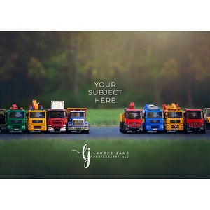 Newborn digital backdrop dump fire truck excavator cement mixer front loader cars toys unique background composite instant download boy
