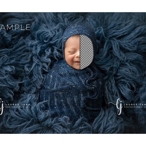 May include: A newborn baby wrapped in a blue swaddle, sleeping on a blue fuzzy blanket. The baby is wearing a blue knitted hat with white stars.