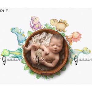 Newborn digital backdrop background dinosaur dino theme watercolor nursery t rex wood bowl fluff cute cartoon unique jpg download boy girl