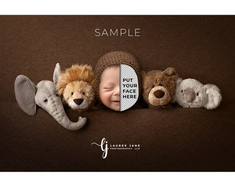 Neutral newborn digital backdrop background animal elephant lion teddy bear koala wrap sack bonnet cute png pop unique download boy girl