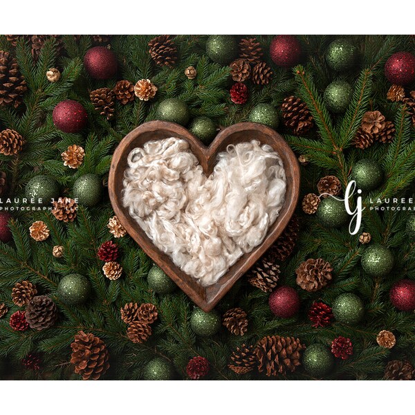 Newborn digital backdrop Christmas tree holiday bowl heart forest rustic earthy winter unique background composite instant download girl boy