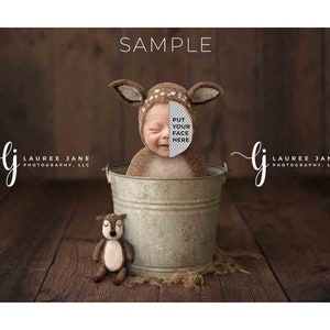 May include: A newborn baby wearing a brown deer costume is sitting in a metal bucket. The baby's face is covered with a blank space where a face can be added. The background is a brown wooden surface. The text "SAMPLE" is at the top of the image. The text "PUT YOUR FACE HERE" is on the blank space where a face can be added. The text "LAUREE JANE PHOTOGRAPHY, LLC" is on the left and right sides of the image.