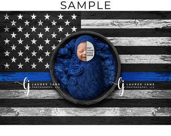 Thin blue line newborn digital backdrop background wrap police blue USA America patriotic bonnet bowl poppet composite download girl boy