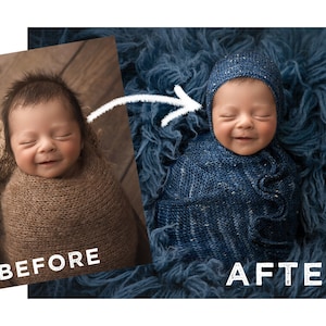 May include: A baby swaddled in a blue knitted blanket with a matching blue knitted hat. The baby is sleeping with a smile on their face.