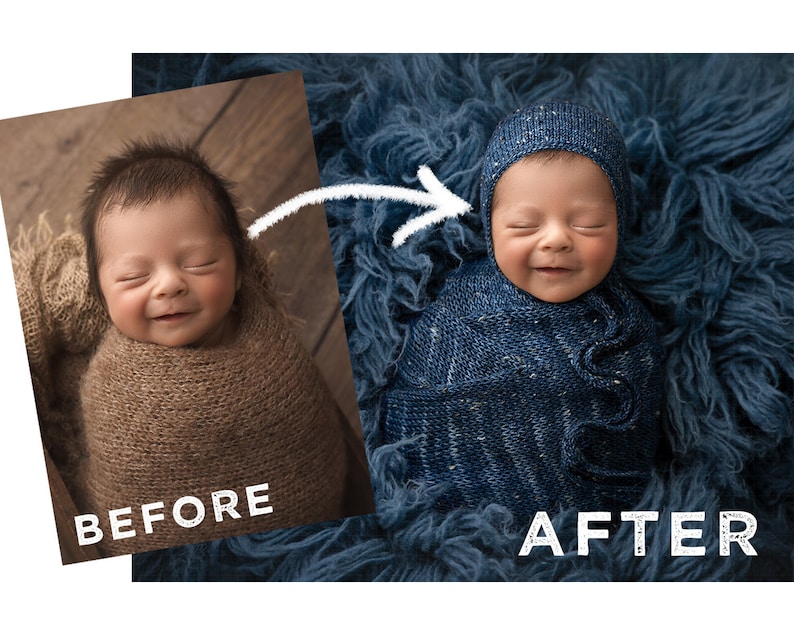 May include: A baby swaddled in a blue knitted blanket with a matching blue knitted hat. The baby is sleeping with a smile on their face.