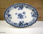Antique F Sons Chatsworth Burslem England Flow Blue Flower Design Transferware Oval Serving Platter Collectible Ford and Sons Earthenware