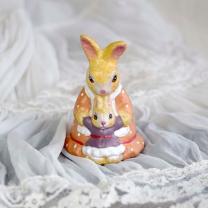 Cute Hand Painted Miniature Clay Mother Bunny with a Baby Bunny Small Figurine Collectible Bunny