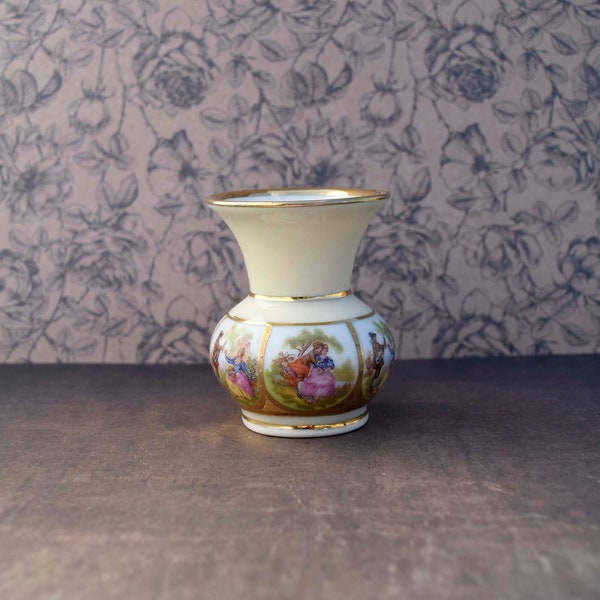 Vintage Western Germany Bavaria? Fragonard Courting Couple Decor Small Size/Miniature/Petite Yellow Porcelain Vase with Gold Beaded Accents