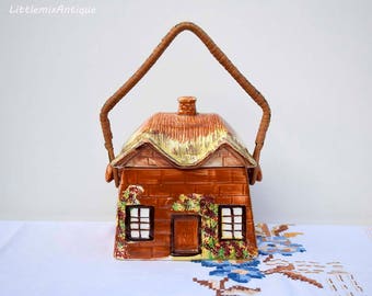 Vintage Price Kensington Made in England Cottage Ware Reg. no 845007 'Ye Olde Cottage' pottery biscuit barrel /cookie jar with woven handle