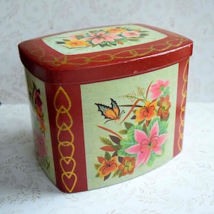 Vintage Floral and Butterfly Design Red and Gold Metal Tin Container