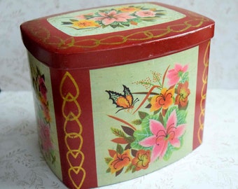 Vintage Floral and Butterfly Design Red and Gold Metal Tin Container