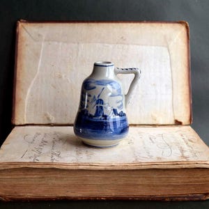 Vintage Delfts Holland Windmill Scene Small Grey and Blue Bottle