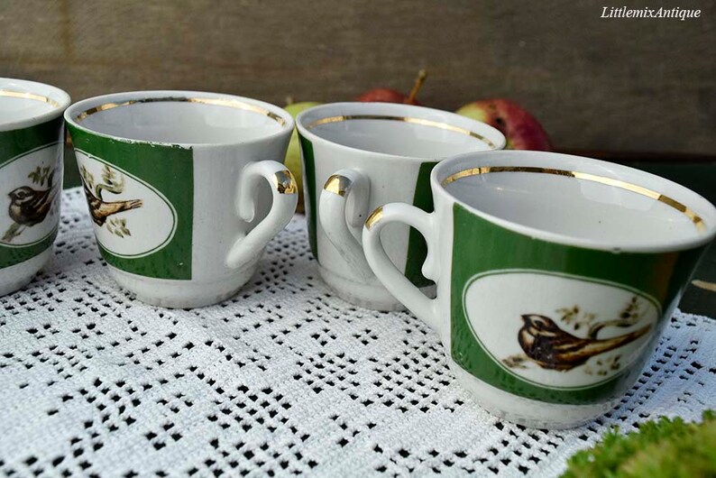 Set of 6 Vintage Soviet Era Wild Birds Design Green/&White Porcelain Small Petite Coffee Cups Made in USSR Retro Soviet Time China Drinkware