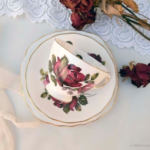 Vintage Queen Anne Bone China Made in England Product of Ridgway Potteries Ltd Pattern 8171 Red Roses Trio: 1 Cup, 1 Saucer, 1 Side Plate