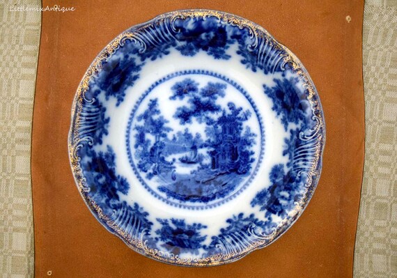 s Adams Tunstall Shanghai Ironstone Blue and White Transferware Luncheon Plate