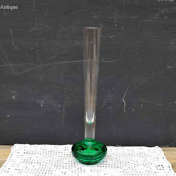 Vintage Clear and Green with Controlled Bubbles  Art Glass Paperweight Base Small Posy Bud Vase Retro Home Decor Glassware Vintage Ornament