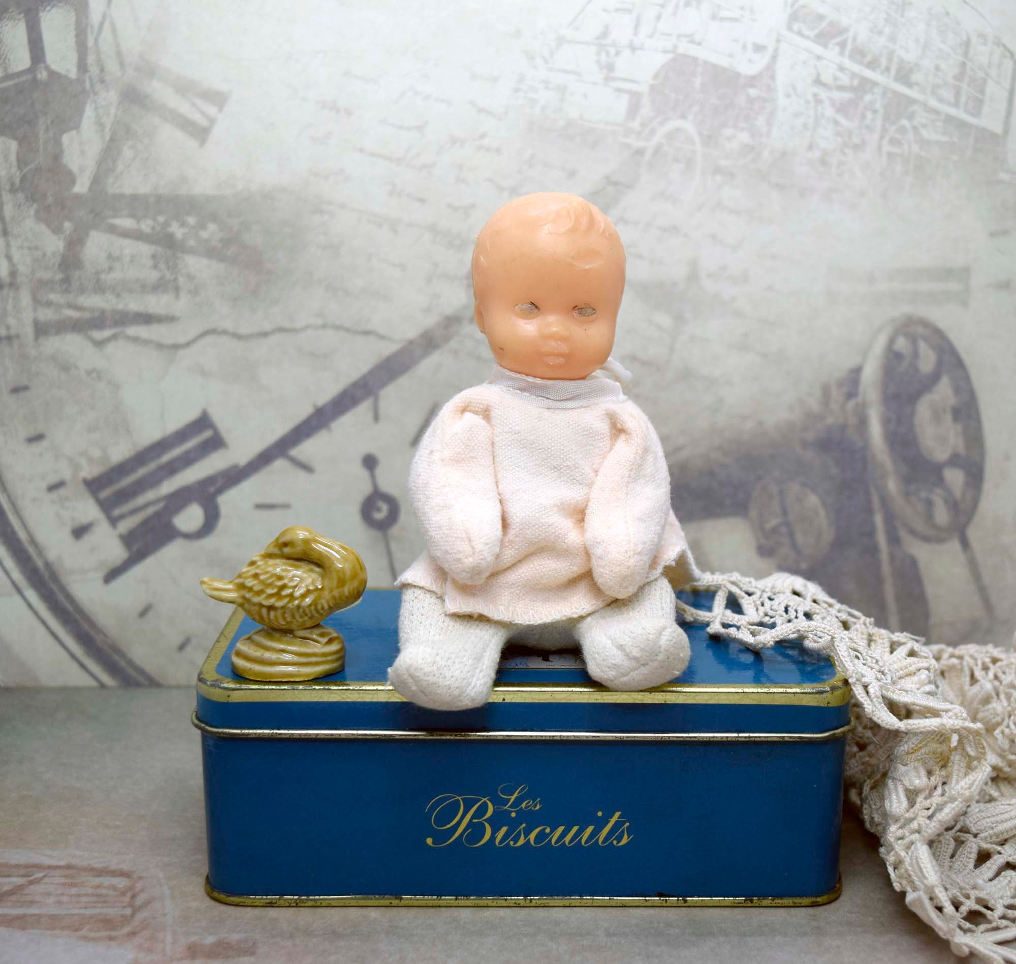 Vintage Soviet Era Small Mini Hard Plastic Baby Doll with Original Outfit