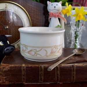 May include: A white ceramic sugar bowl with a floral design in pink and gold. The bowl is sitting on a brown leather-bound book.