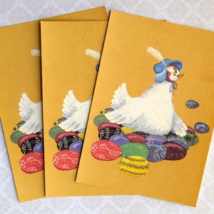 Carte de voeux « Joyeuses Pâques » vintage des années 1990 fabriquée en Lituanie Carte de voeux design rétro avec oeufs de Pâques et poule célébrant Pâques