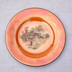 Vintage Victoria China Czechoslovakia Orange Lustreware Cottage Countryside Motif Small Saucer
